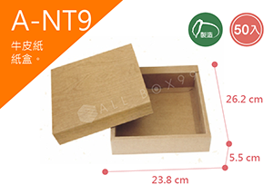 《A-NT9》50入素面天地盒紙盒尺寸：21.5x21.5x5.5cm (±2mm)350P牛皮紙盒